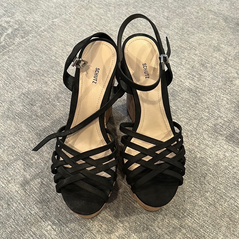 SCHUTZ Black Strappy Wedge Sandals